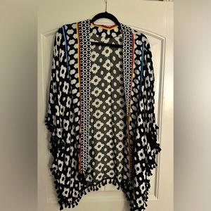 Trina Turk one-size Ikat print beach coverup with black cotton fringe detail